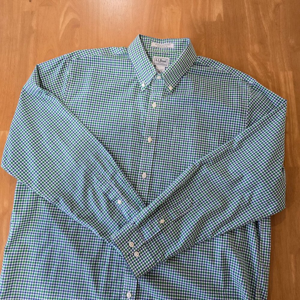 L.L. Bean Men's Traditional Fit Gingham‎ Check Button-Up Shirt Green Blue Large